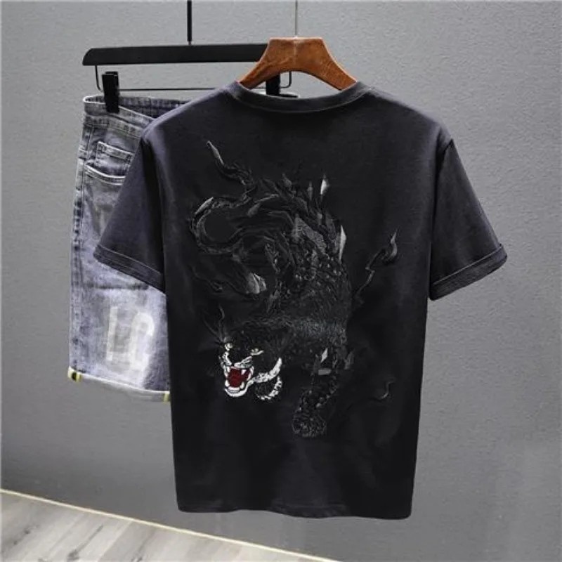 Men's Panther Embroidery Short Sleeve T-Shirt Urban Streetwear Casual Tee gallery