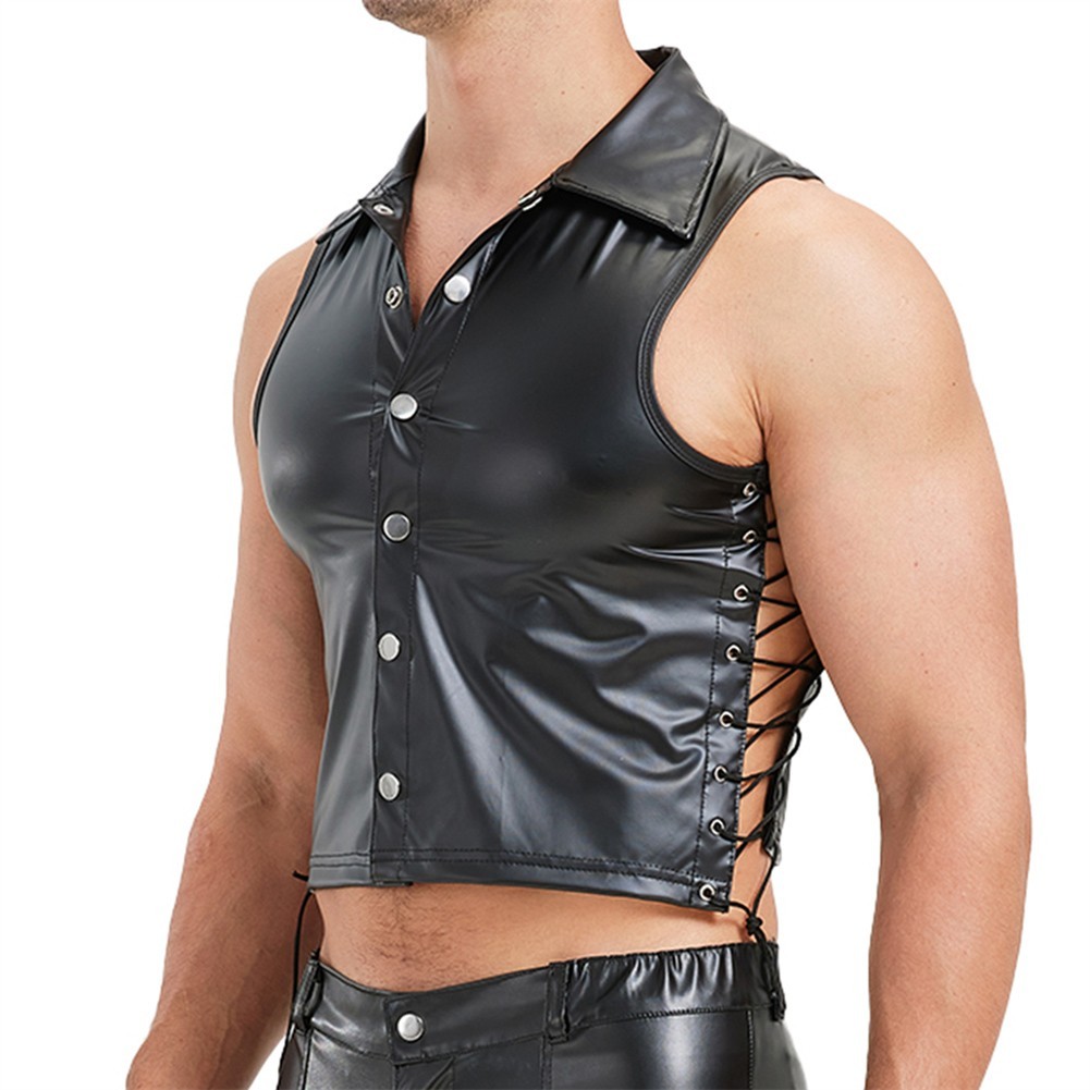Men's Sleek Side Tie Tank Tops with Stand Collar and Imitation Leather gallery