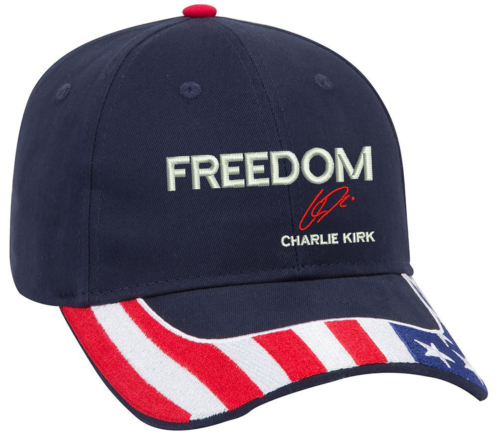 Freedom Charlie Kirk Signature Embroidered OFM Hat with US Flag Design gallery