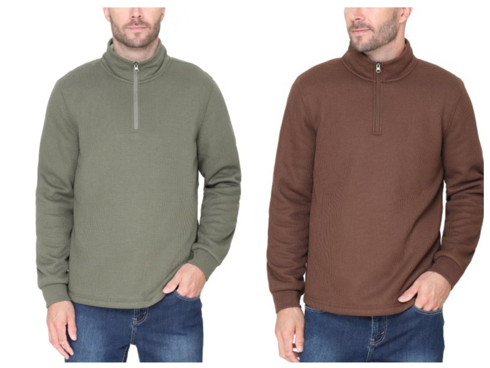 (2) New BC Clothing Men Fleece Lined Quarter Zip Pullover Top GREEN Brown Medium gallery