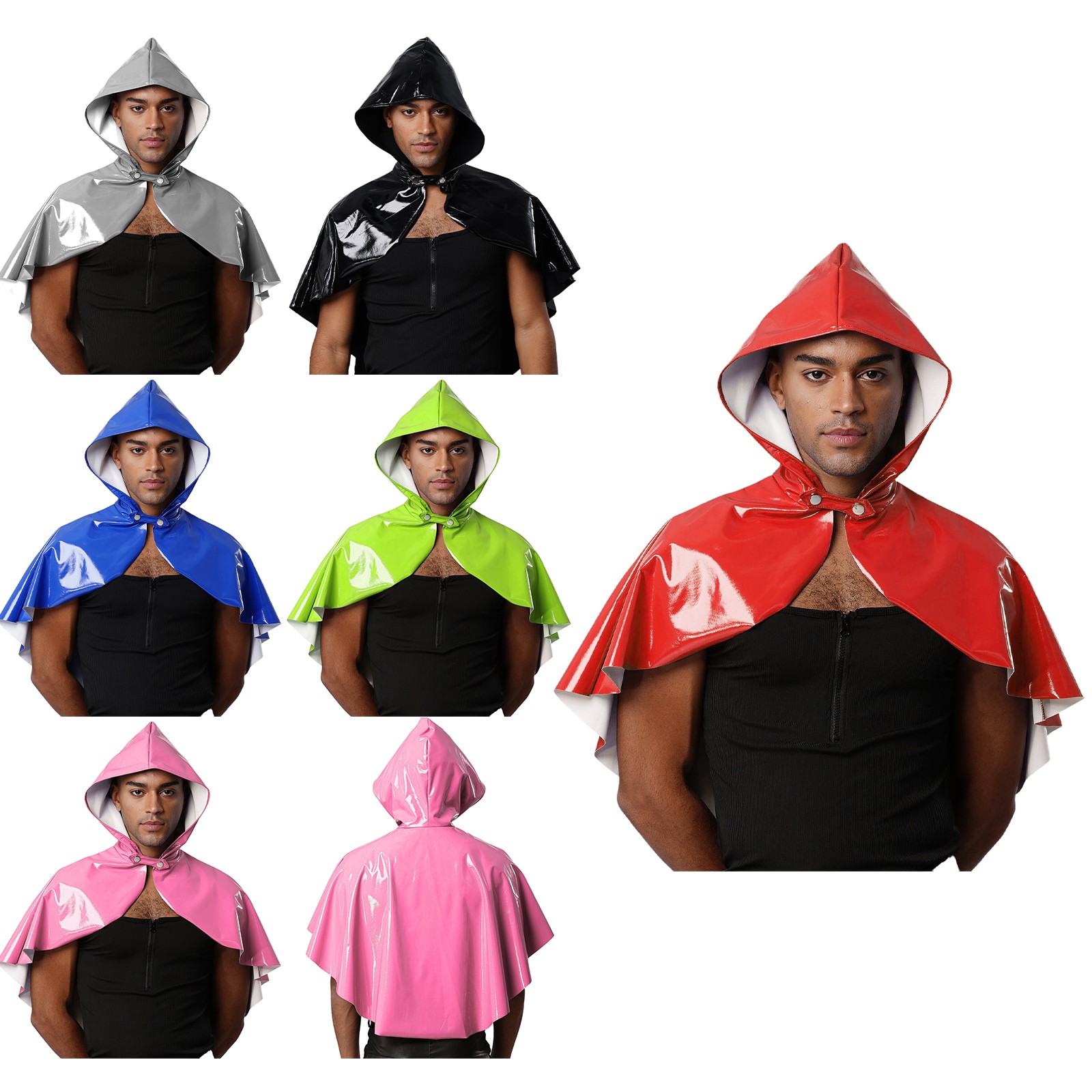 Men Wet Look Hooded Cloak Cape Bolero Steampunk Gothic Cosplay Party Disco Club gallery