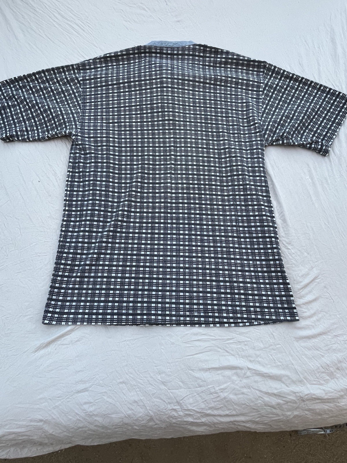 VTG Bugle Boy Henley Men XL Gray Gingham Ribbed Short Sleeve Mandarin Collar gallery