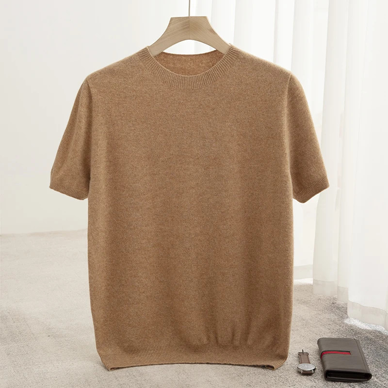 Spring Summer Men's Short Sleeved Pure Wool T-Shirt Sweater O-neck Solid Color L gallery