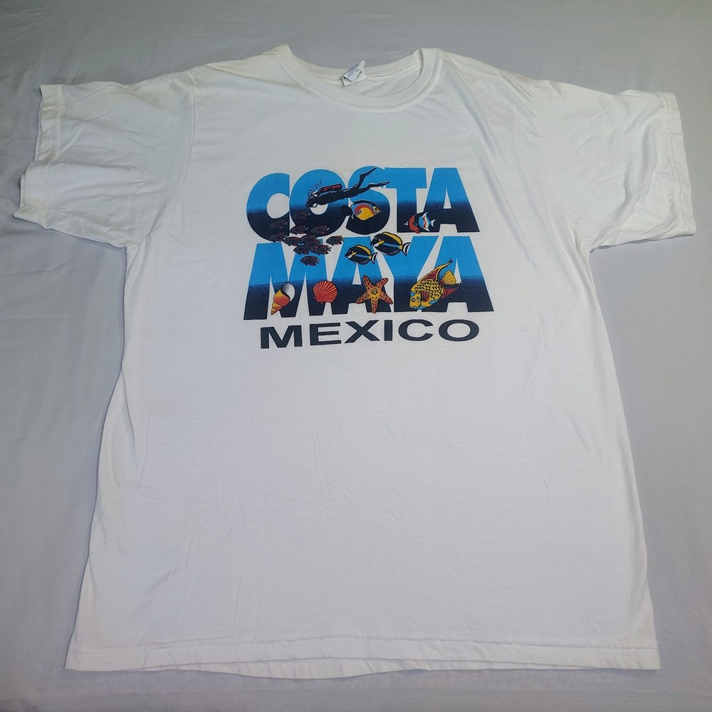Costa Maya Mexico Shirt White Colorful Graphic Sz XL Sea Life Scuba Diver Fish