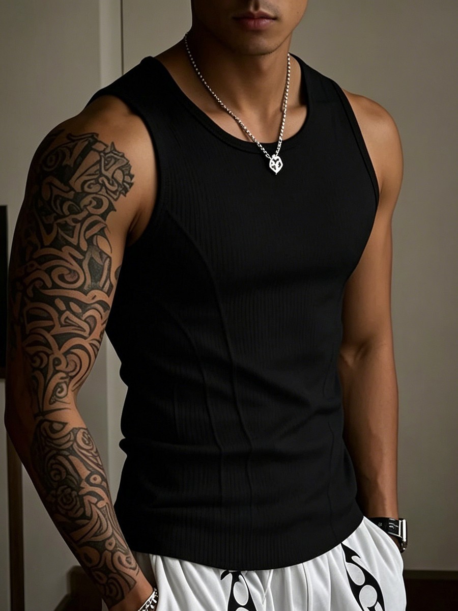 Solid Color Men's I-Shaped Vest - Moderate Elasticity Polyester Sports Top gallery
