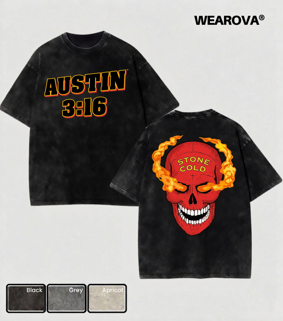 Wearova Stone Cold Steve Austin 3:16 Wash Red Skull Heavy Cotton T-shirt WWE gallery