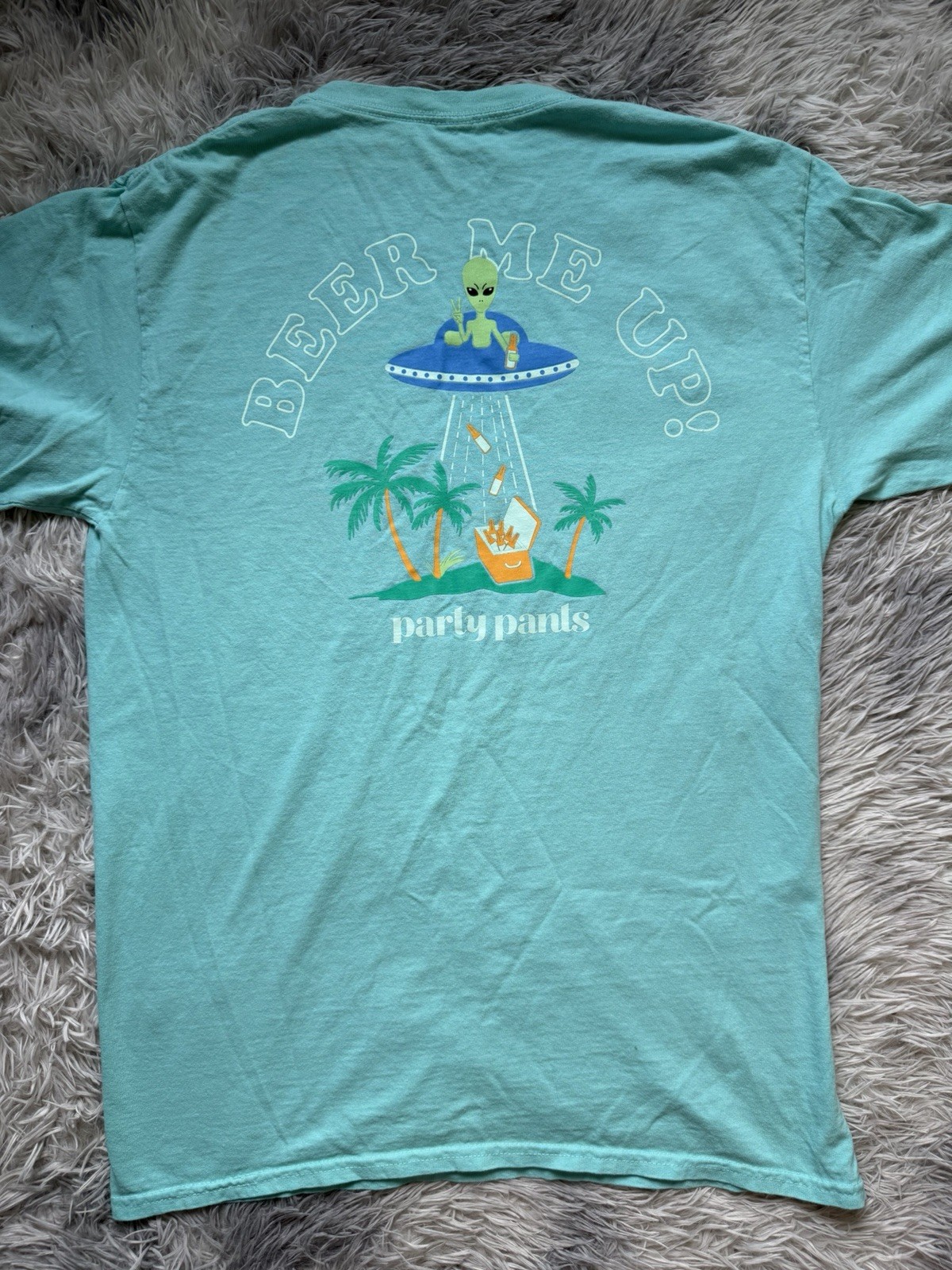Party Pants Men’s Blue Alien UFO “Beer Me Up” Graphic Crew Neck T-Shirt Size L