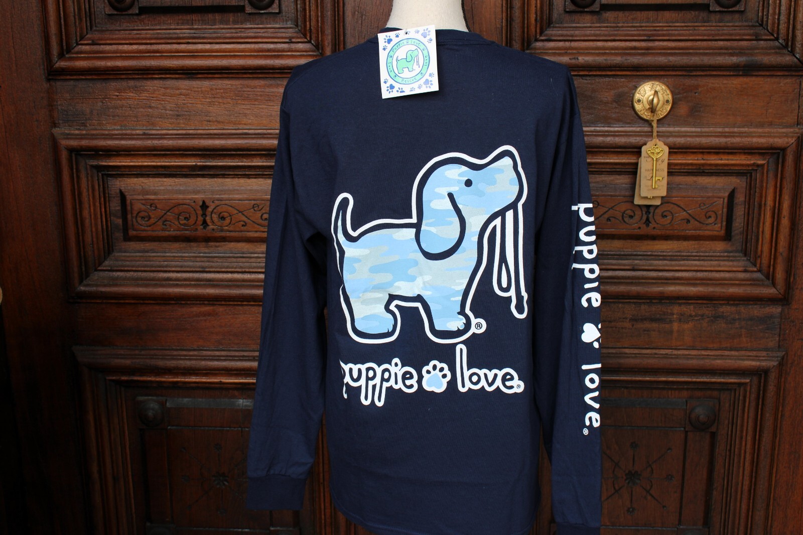 Puppie Love Blue Camo Dog Print Long Sleeve T-Shirt – Navy Blue, NEW