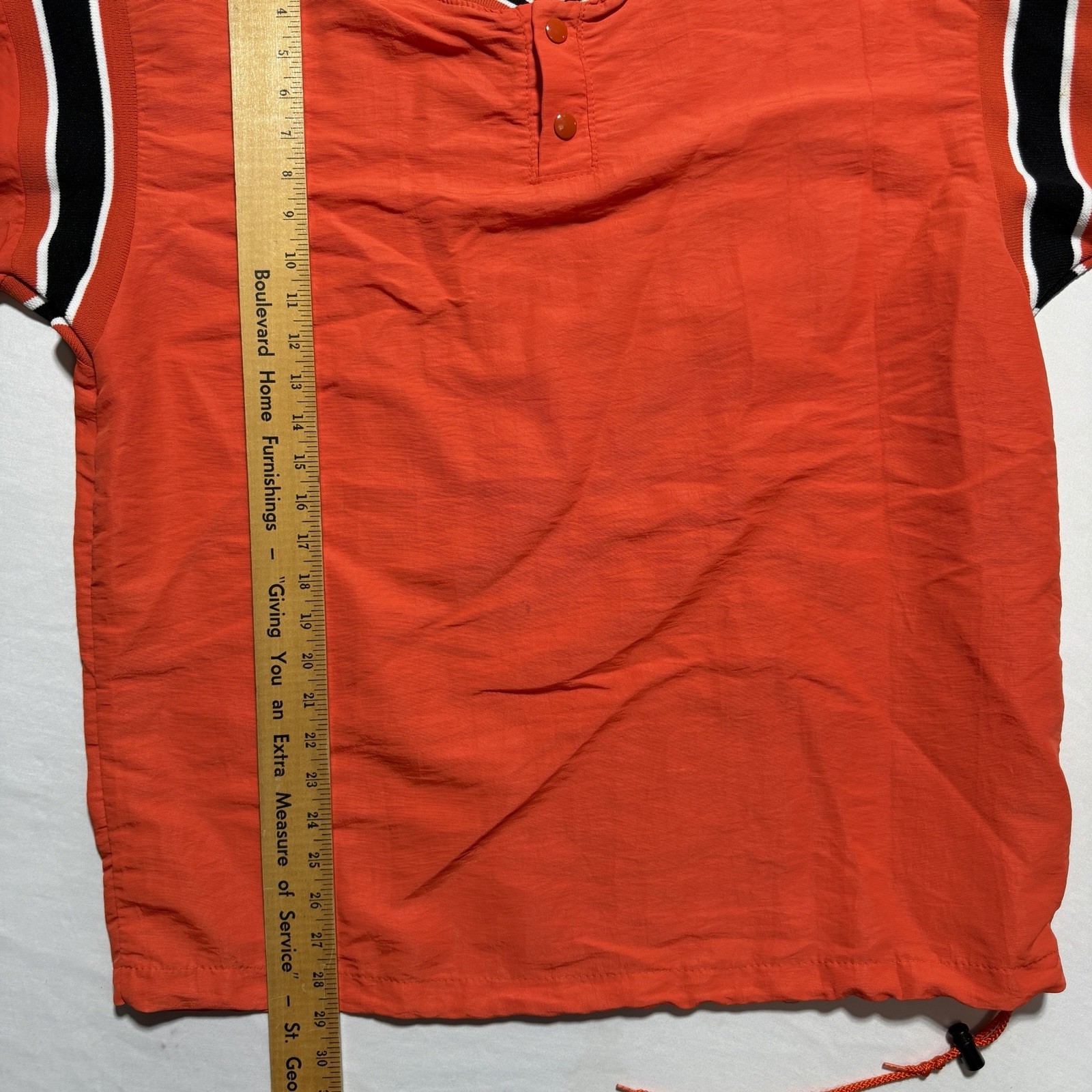 DeLong USA Vintage Nylon Pullover Shirt Medium Orange Black Stripe Drawstring gallery