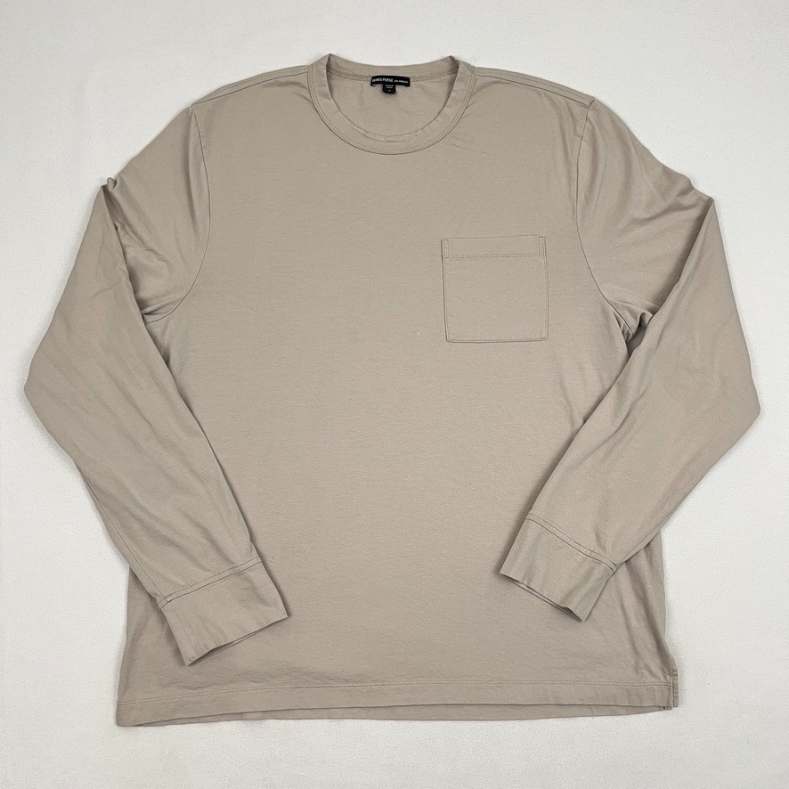 James Perse Men XL (4) Beige Long Sleeve Pocket Cotton Crew Casual Made in Japan