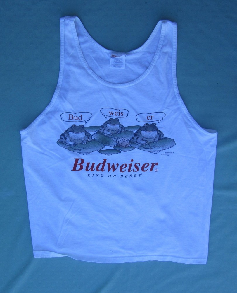 Vintage 1995 Men’s Budweiser Frogs White Tank Top Beer Graphic Size L (42-44)