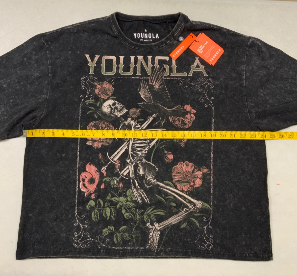 YoungLA 4116 Floral Skull Tee Men's Medium Black Mineral Wash Skeleton Crow NWT gallery