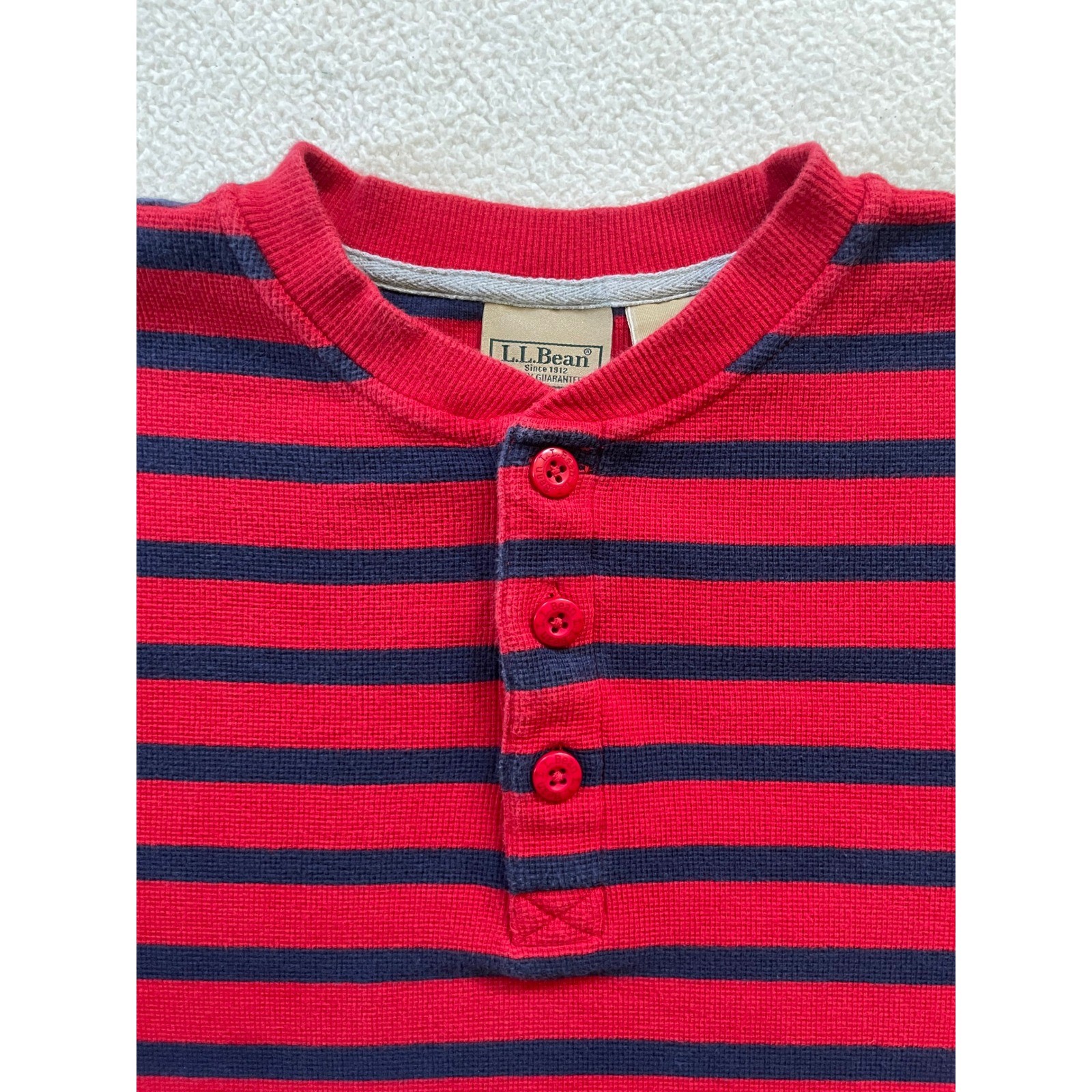 90s Vintage L.L. Bean Mens Medium Henley Shirt Red Navy Blue Striped Waffle Knit gallery