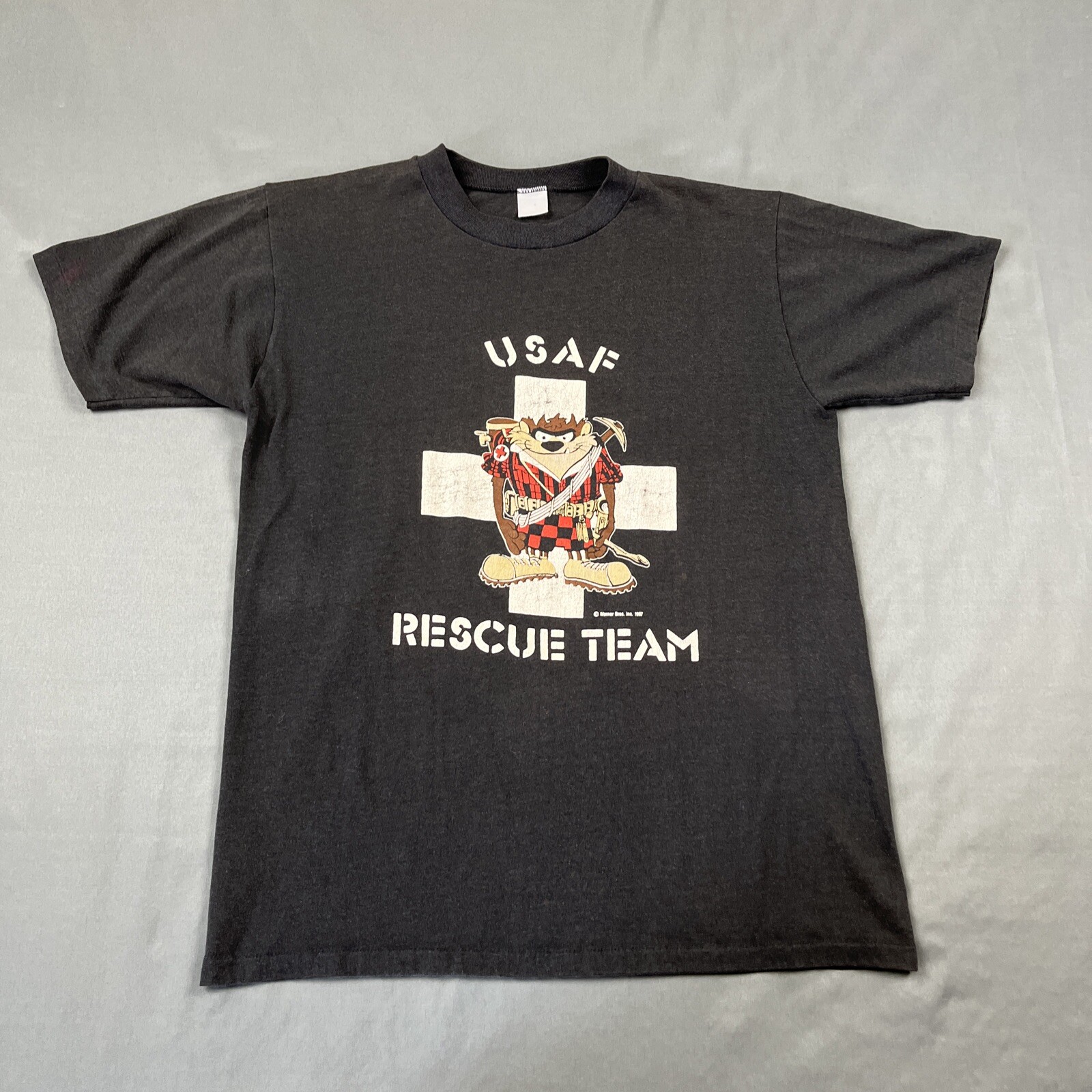 Vintage 1987 USAF Rescue Team Tax Tee Black Large Single Stitch VTG 80s Cartoon