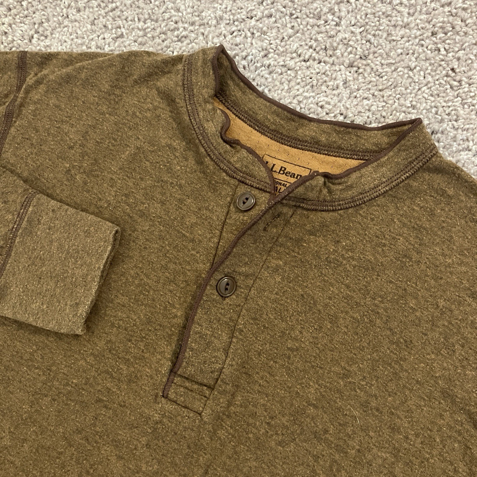 LL Bean River Driver Henley Shirt Sweater Long Sleeve Brown Mens Sz MEDIUM TALL
