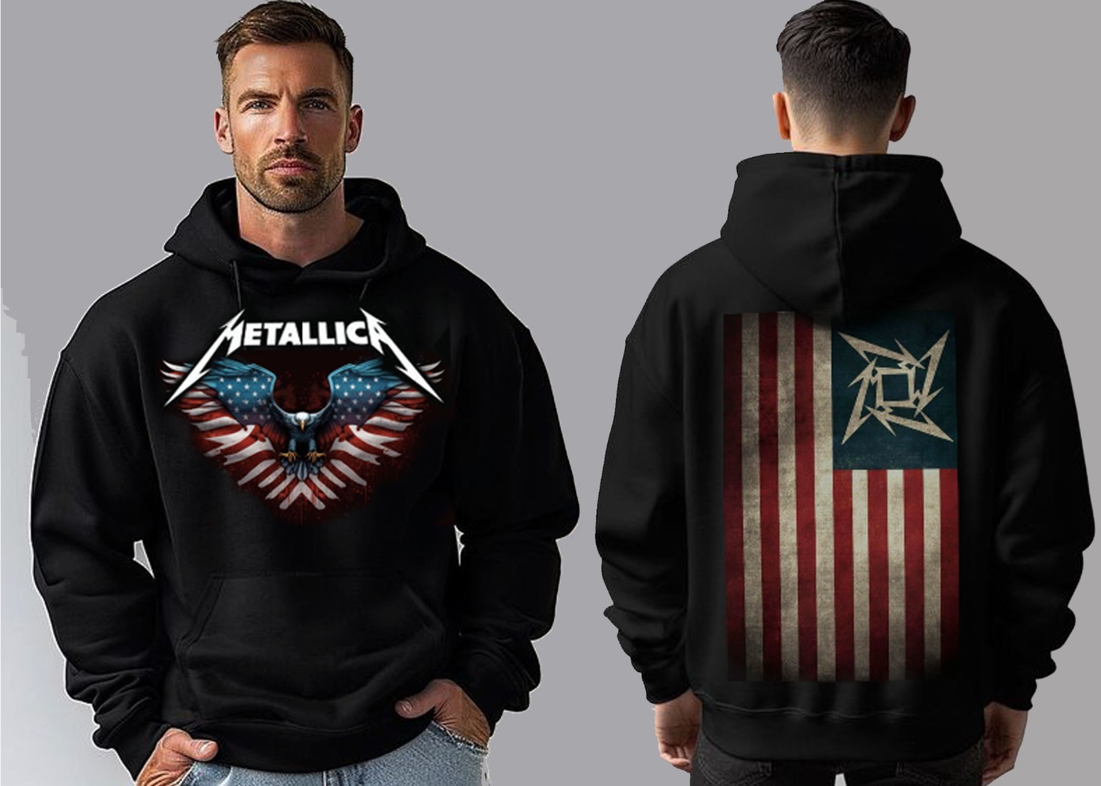 METALLICA AMERICAN FLAG BLACK HOODIE FRONT AND BACK PRINT MEN'S 100% SILK SCREEN gallery