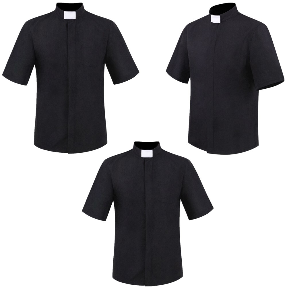US Men's Priest Clergy Shirt Short Sleeves Stand Collar for Pastor Preacher Tops gallery