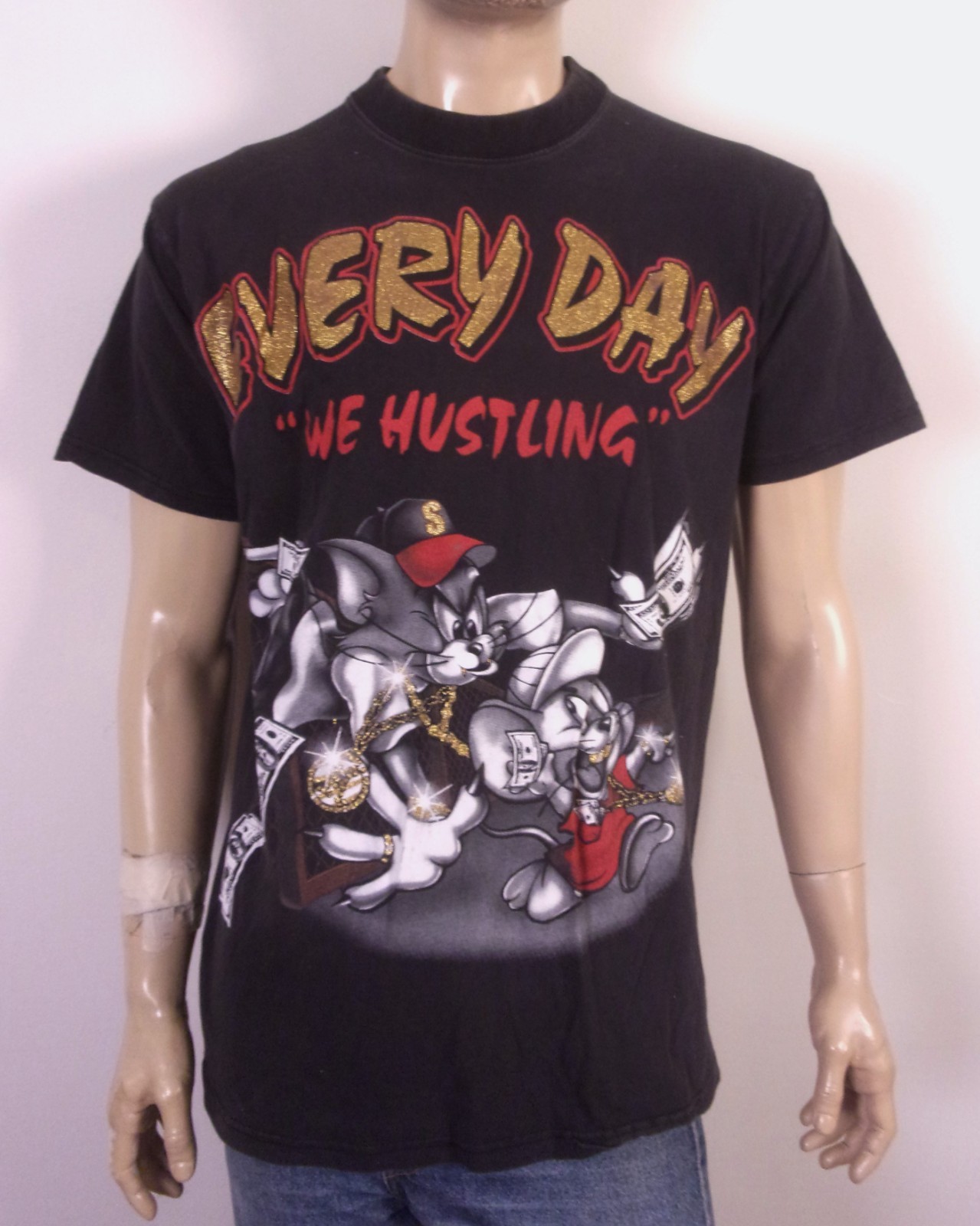 vintage 00s Y2K Tom & Jerry Bootleg Rap Tee T-Shirt Every Day We Hustling SZ L gallery