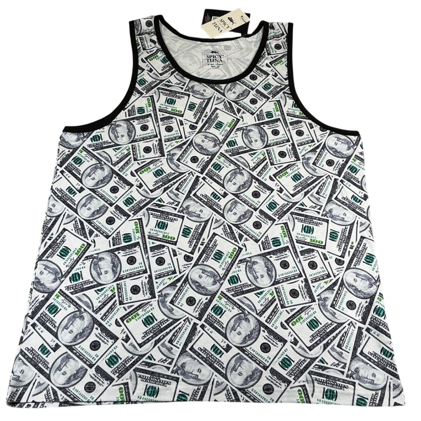Spicy Tuna Tank Top Money Print Dollar Bills Graphic Mens XL NWT