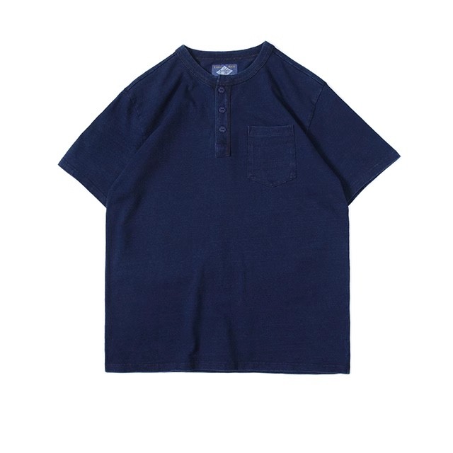 Bob Dong Men's Henley Shirt Indigo Dye Pocket TEE Retro Cotton T-Shirt Causal gallery