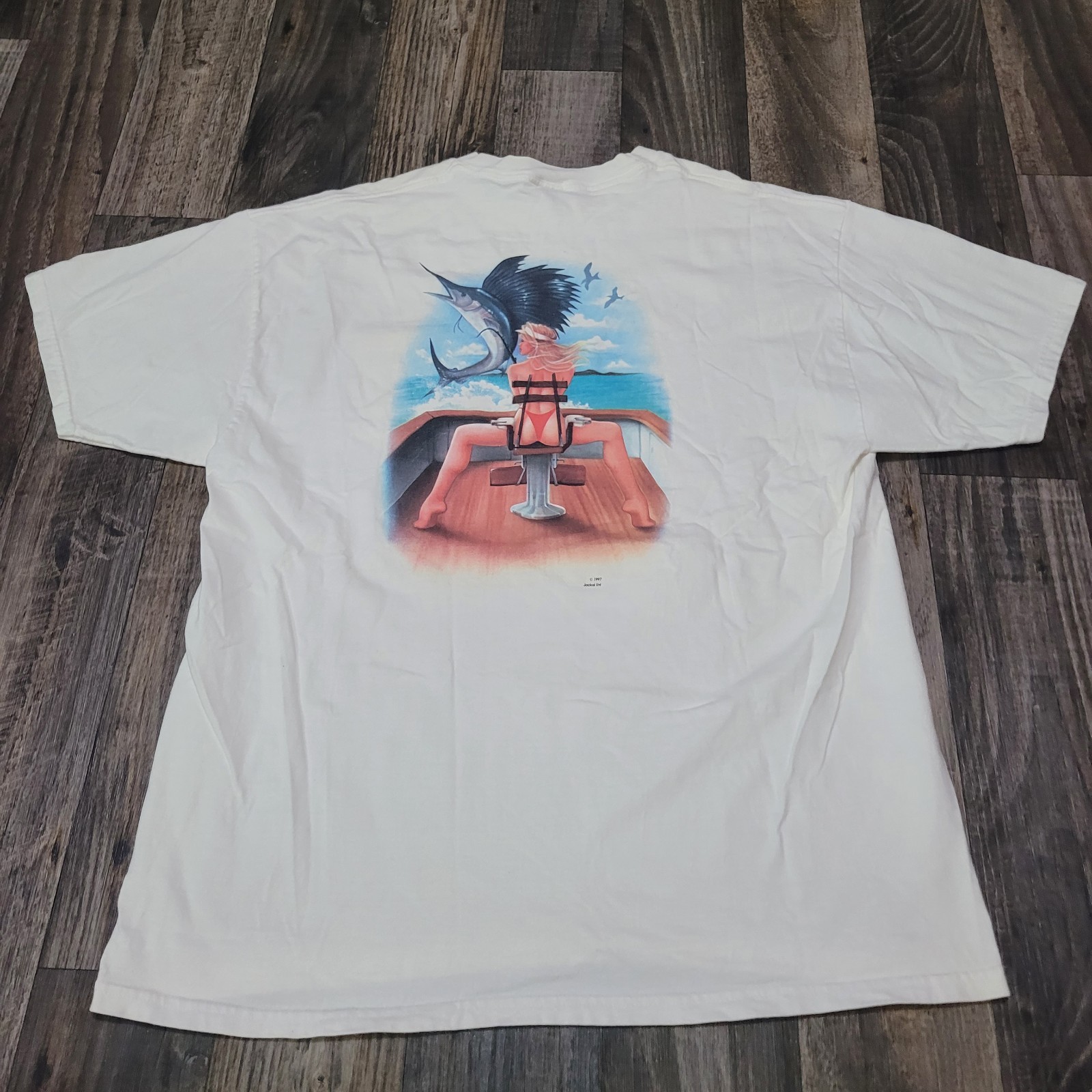 Vintage 90s Fishing Babe Shirt Size XL Front And Back Sailfish Pelagic Fish gallery