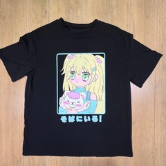 Romwe Mens Small Black Anime Graphic Tee Japanese Kawaii Bear T-Shirt S