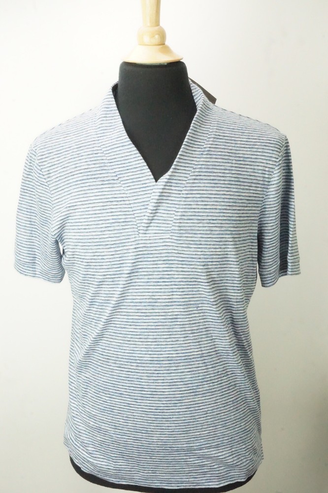 Giorgio Armani Black Label Blue White Striped 100% Linen T Shirt Sz 48 NEW