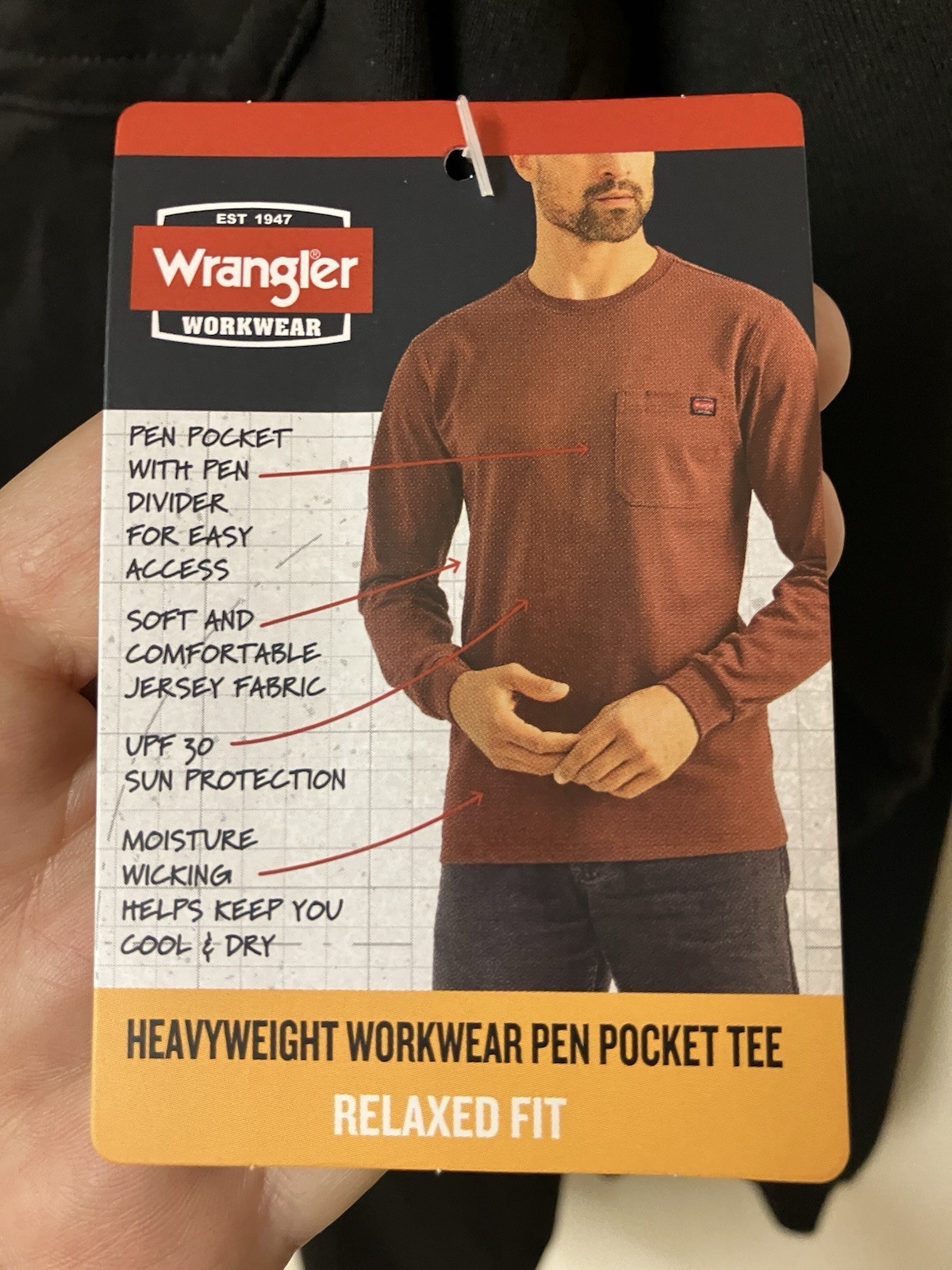 Wrangler Workwear Mens Long Sleeve Heavyweight Pocket Black T-Shirt Size L Large gallery