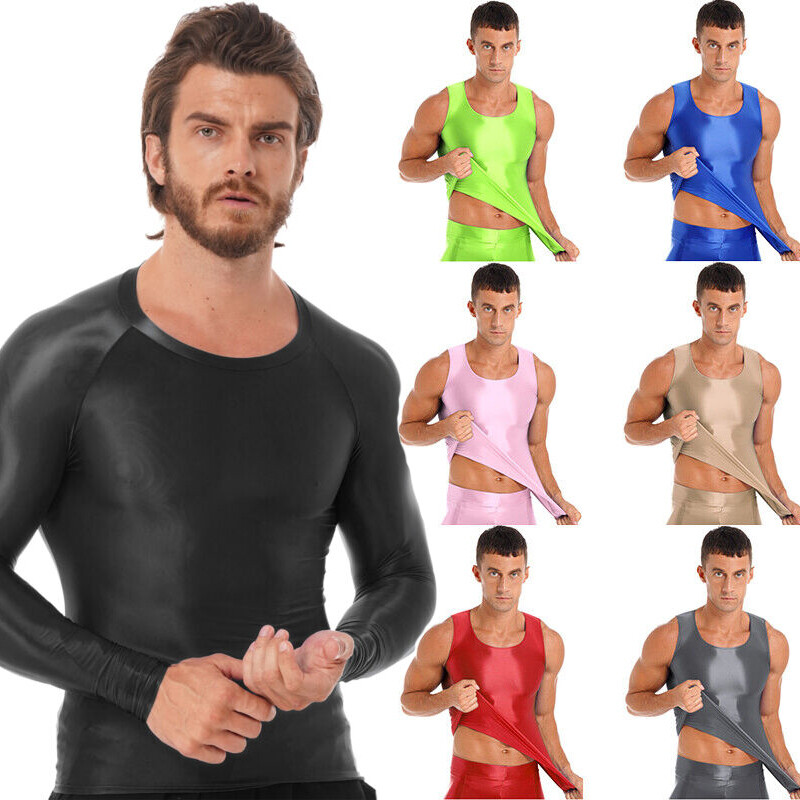 US Men's Shiny Oil T-Shirt Long Sleeve Round Neck Shirt Fitness Bodybuilding Top gallery