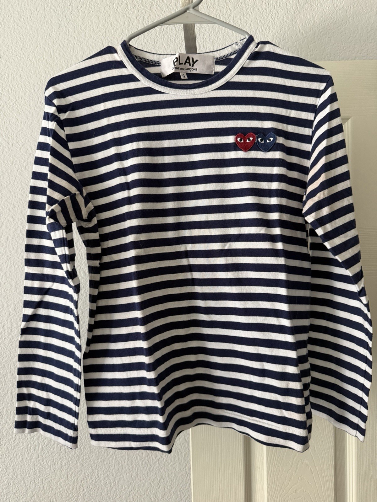Comme des Garcons PLAY Striped Long Sleeve T-Shirt Navy White Double Heart Small gallery