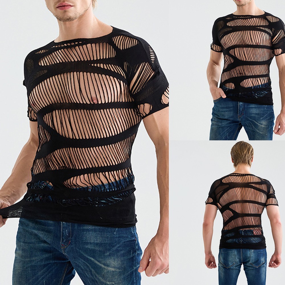 Mens Short Sleeve Mesh See Through Hollow Out Tops O Neck T Shirts Black gallery