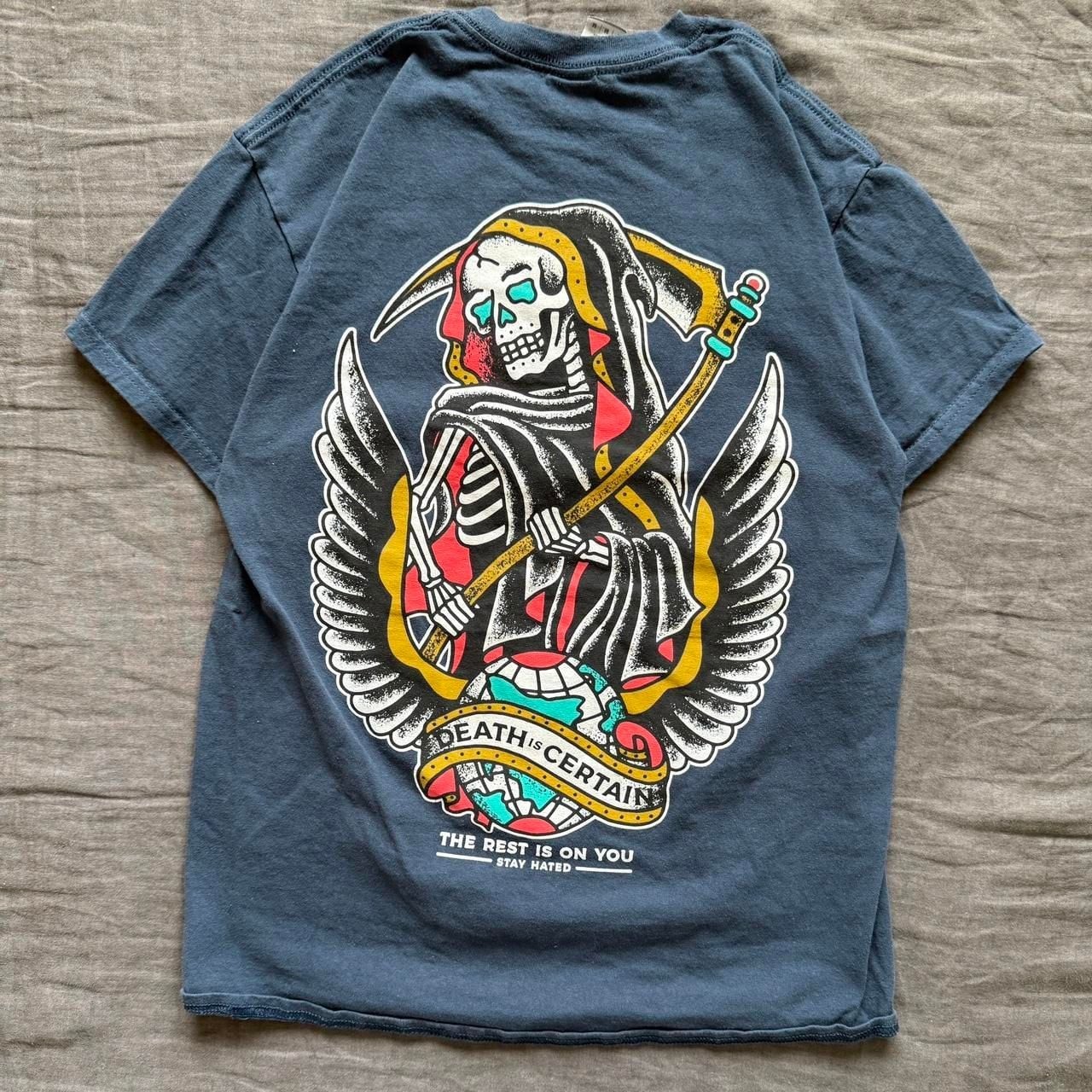 DEATH IS CERTAIN Graphic Skater Tee - Faded Blue Grunge Shirt, Size M gallery