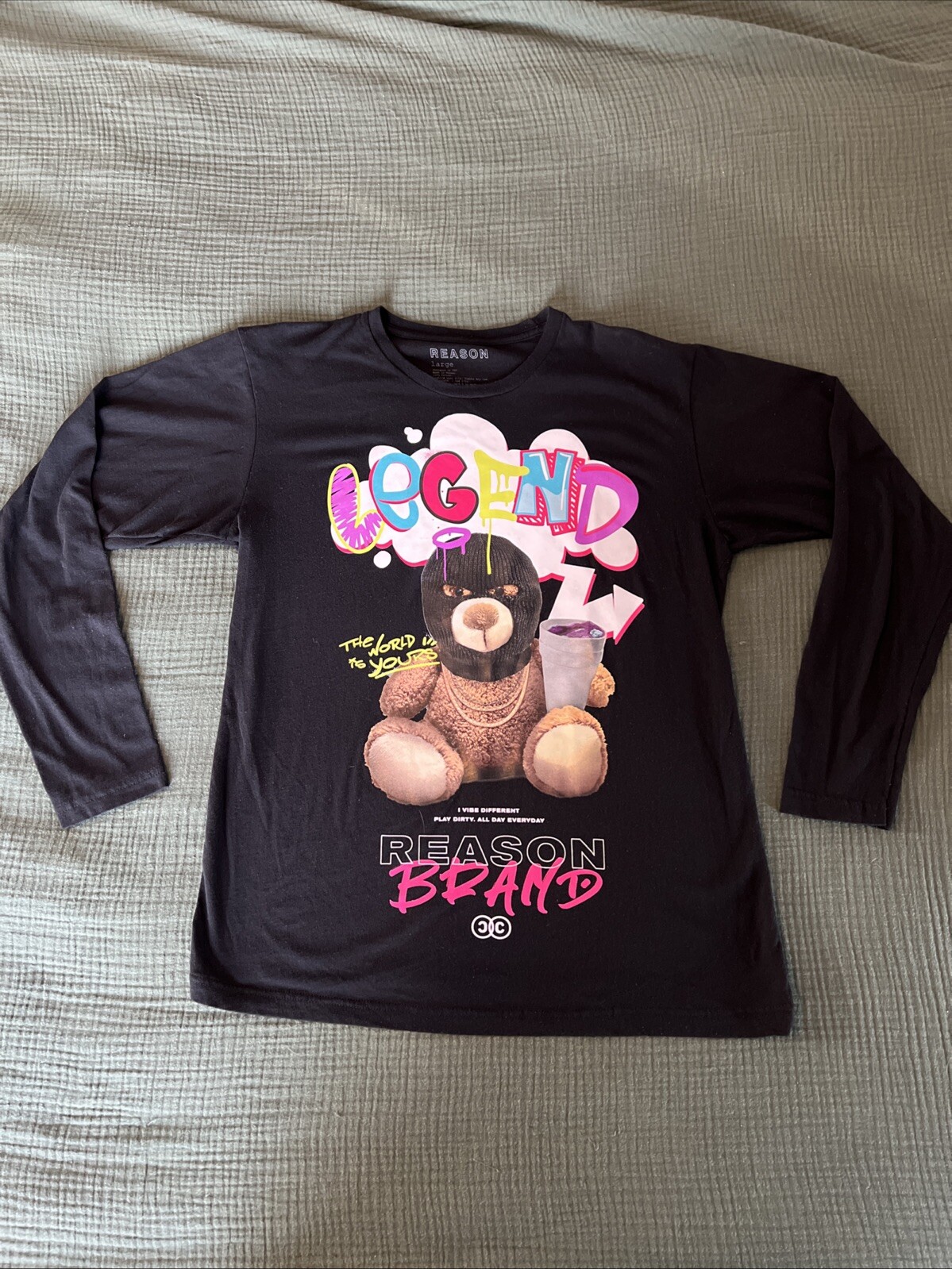 Reason Brand Teddy Bear Legend T-Shirt- Mens LARGE “the World Is Yours” Tee