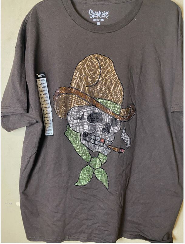 NWT-SKULL Rhinestone Cowboy W/Cigar Brown Spencer's Premium Graphic Tee gallery