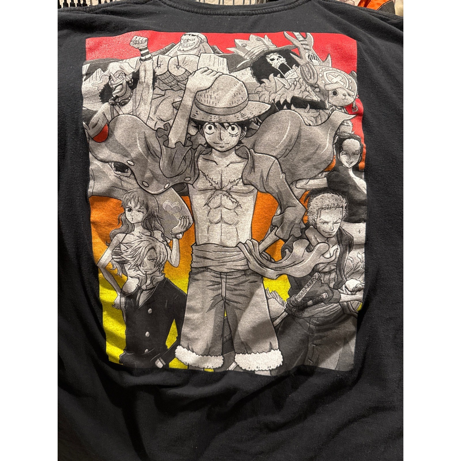 One Piece Anime T-Shirt Mens Large Black Straw Hat Crew Graphic Back Print Tee gallery