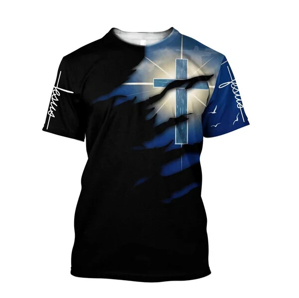 Glowing Light Cross Black And Blue Color Jesus AOP 3D Shirt Full Size S-5XL gallery