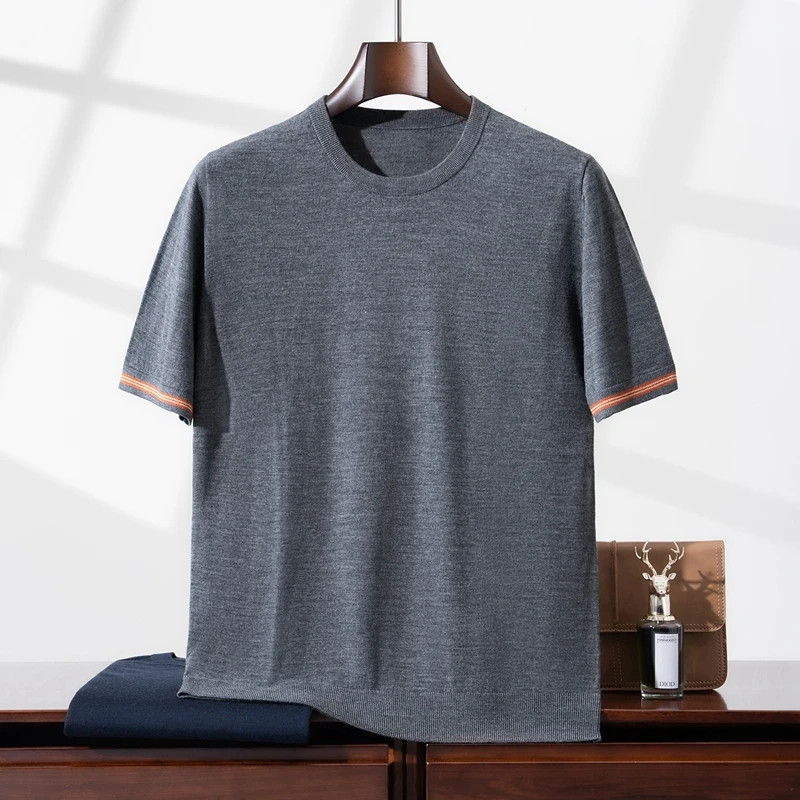 Men’S 100% Fine Wool Crew Neck Short Sleeve Summer New Style Mid-Age Business Ca