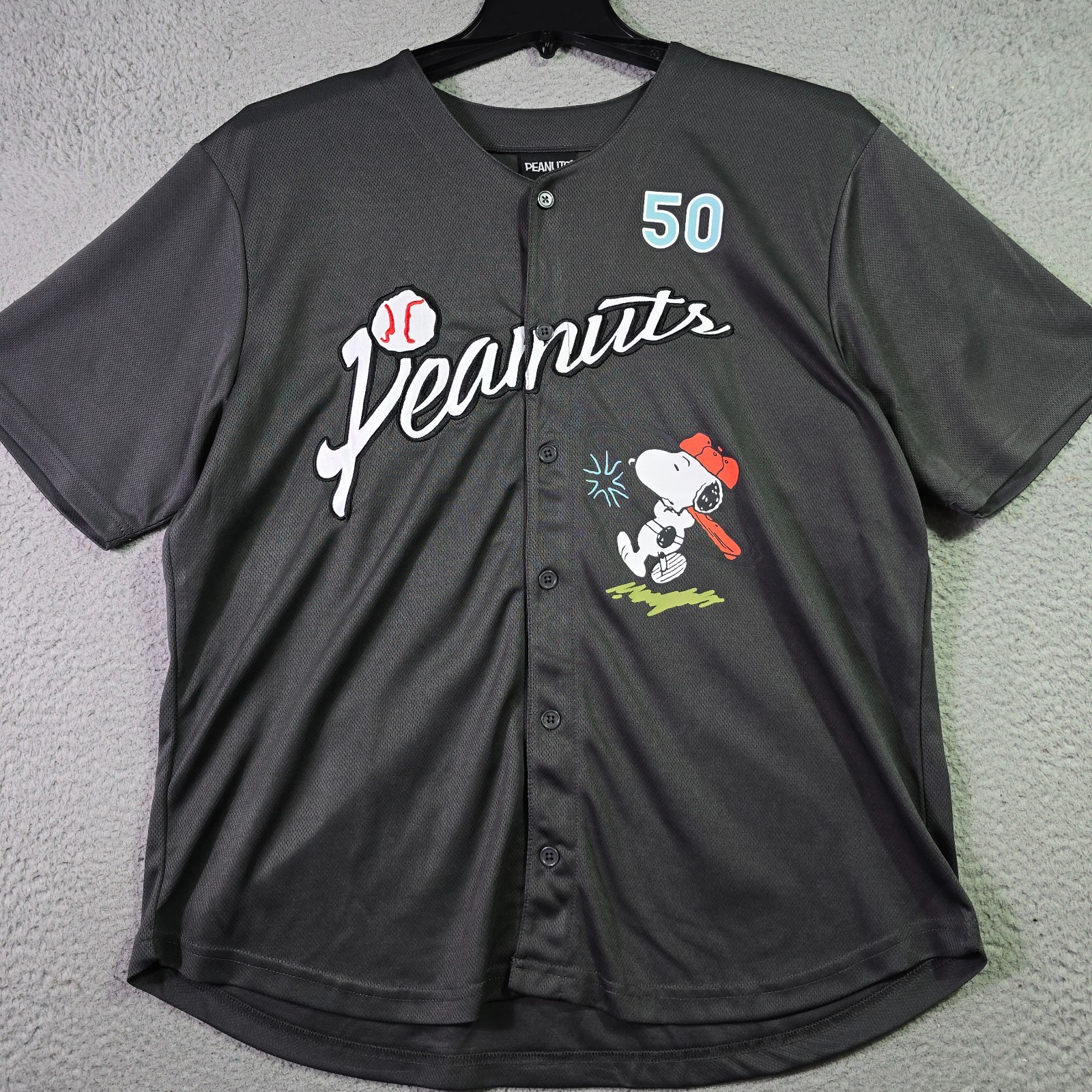 Peanuts® Snoopy Baseball Jersey shirt Mens Large Black Charlie Brown Button NWT gallery