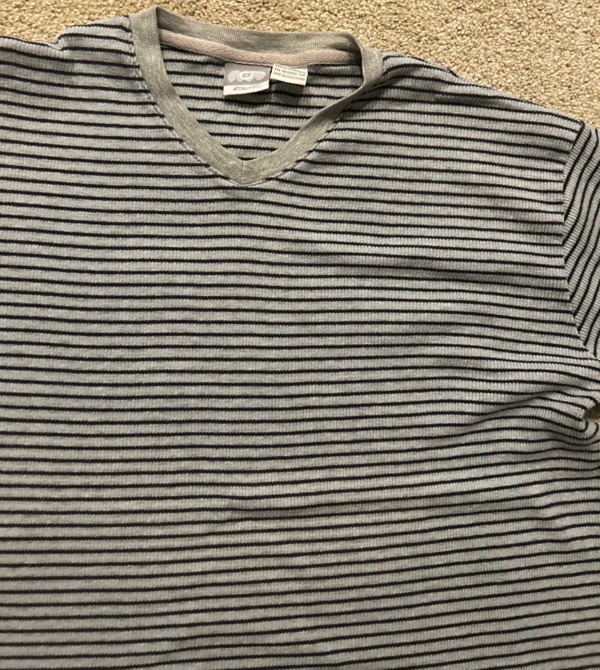 Vintage Utility Wear Knit V Neck Mens Blue and Gray Striped Ribbed Shirt Sz L gallery