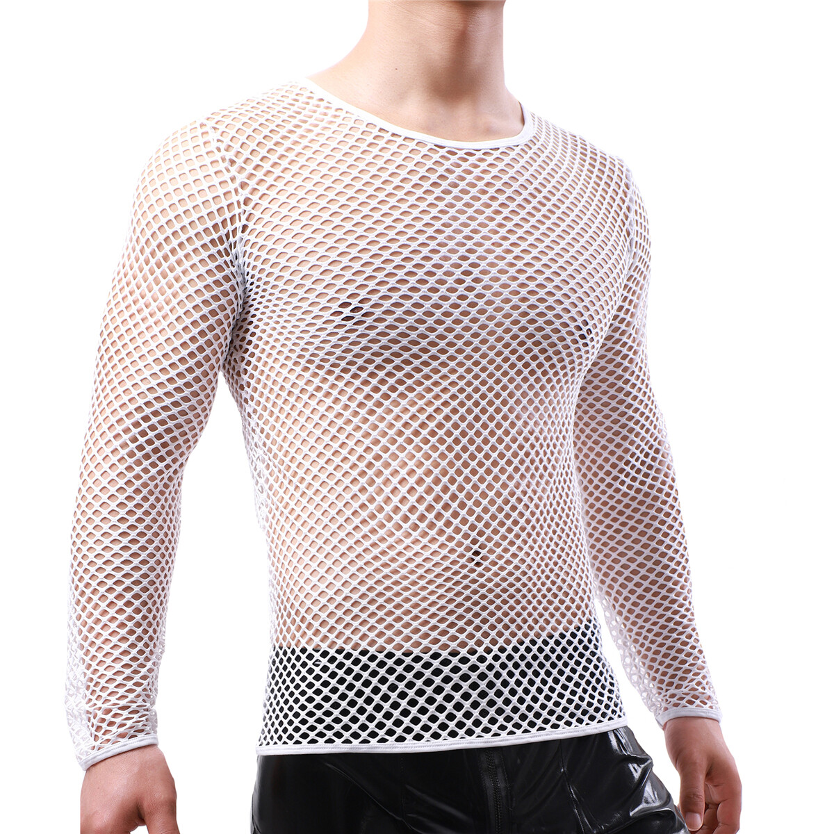 Mens Fishnet Shirts Mesh Transparent Long-Sleeve Muscle T-Shirt Undershirt Tops gallery