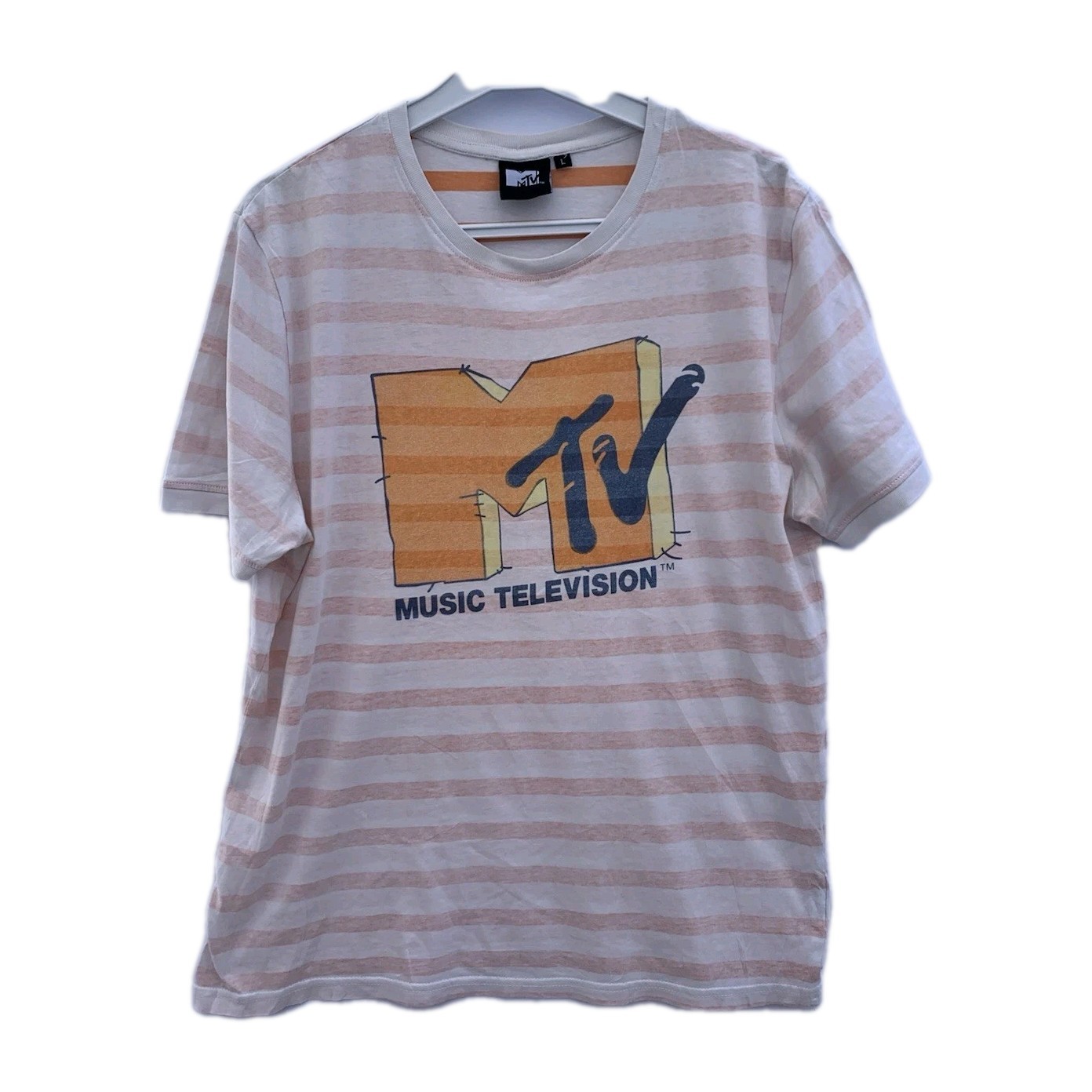 MTV Music Television Striped T-Shirt L 2014 Viacom – Retro Logo Tee – #Z54