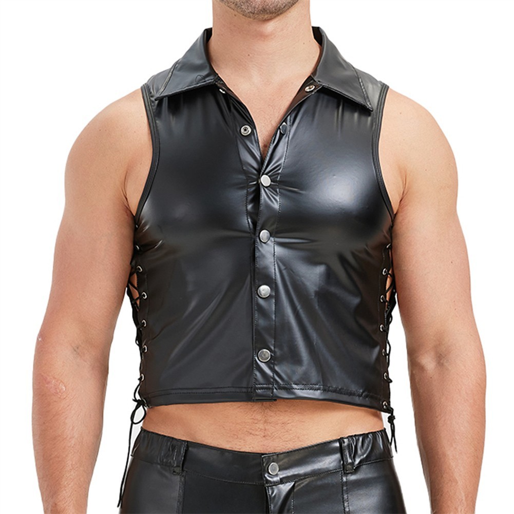 Men's Sleek Side Tie Tank Tops with Stand Collar and Imitation Leather gallery
