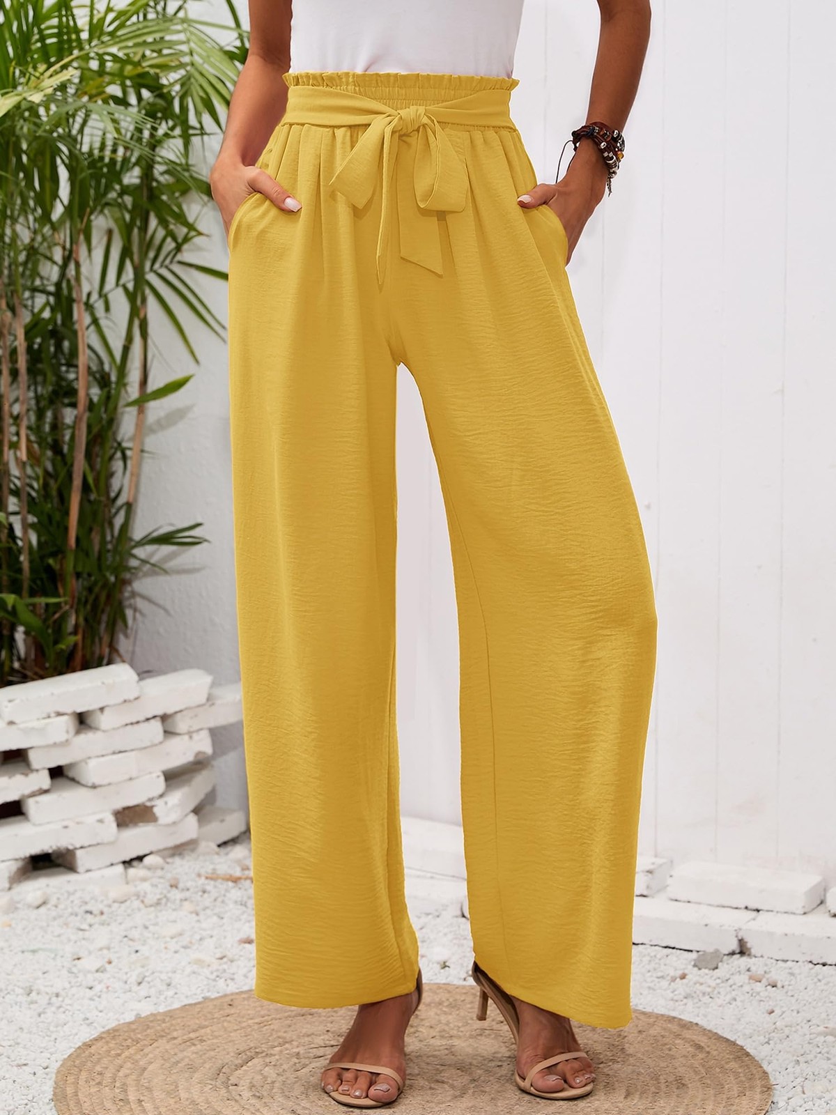 Womens Wide Leg Lounge Pants with Pockets High Waisted Tie Knot Trousers gallery