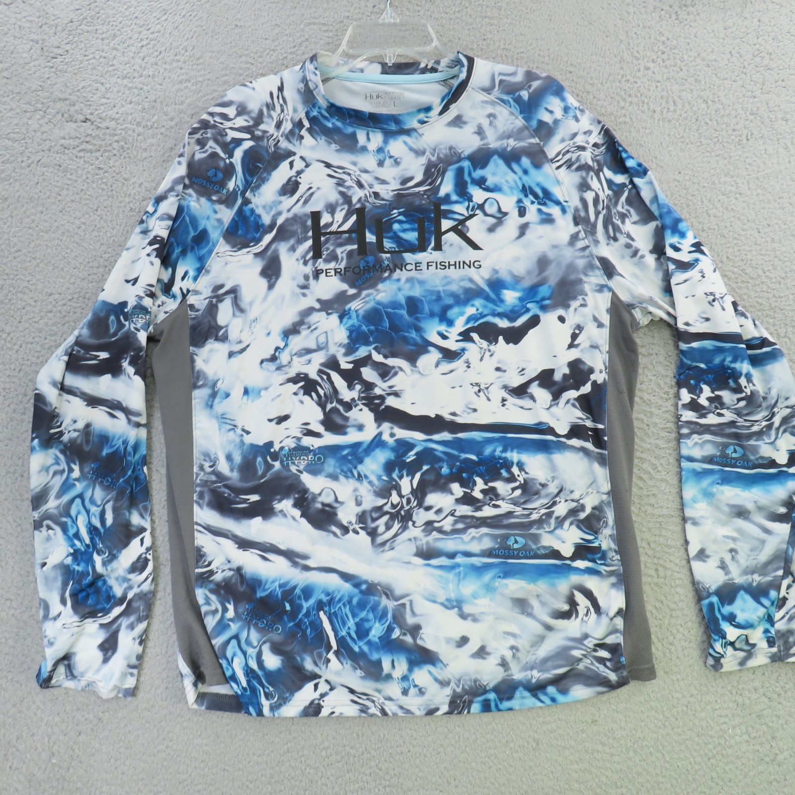 Huk Shirt Men Large Blue Black Camo Long Sleeve Fishing Hunting Mossy Oak gallery