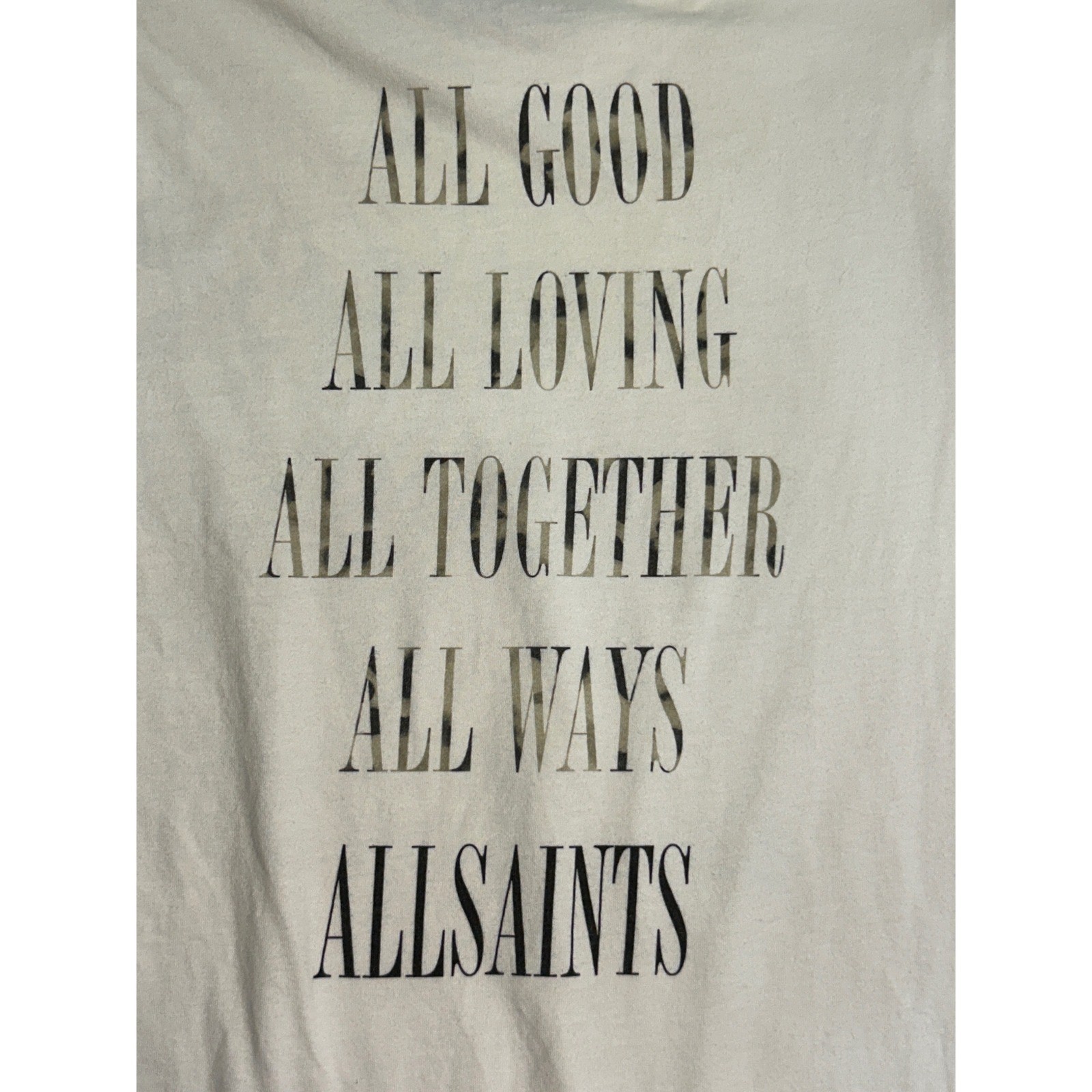AllSaints Mens Graphic T-Shirt White Leopard Camo Saints Logo Size Small gallery