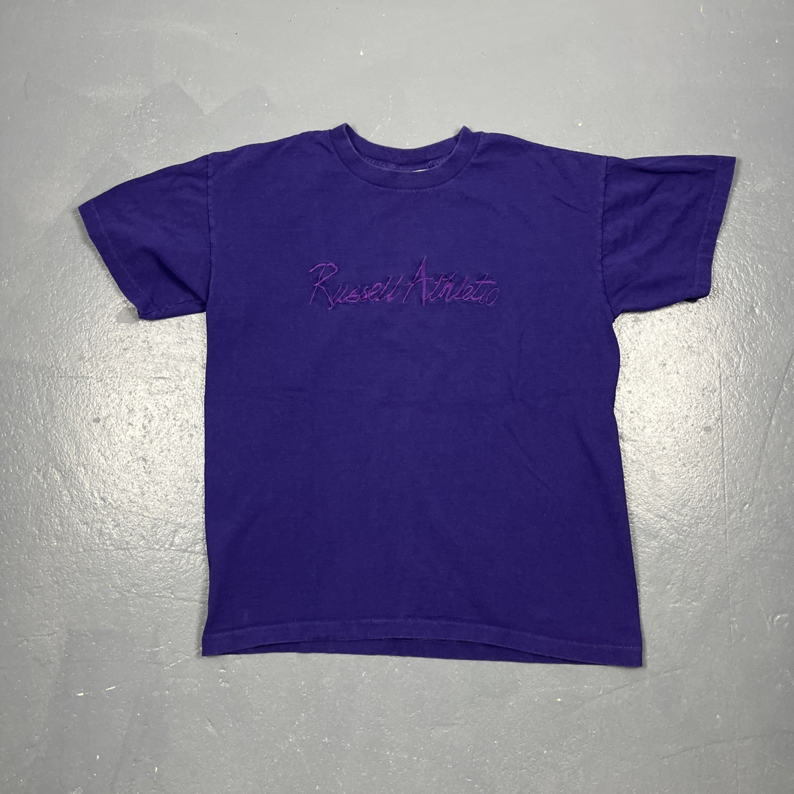 Vintage 90s Russell Athletic Embroidered Tshirt Purple Medium Single Stitch VTG gallery