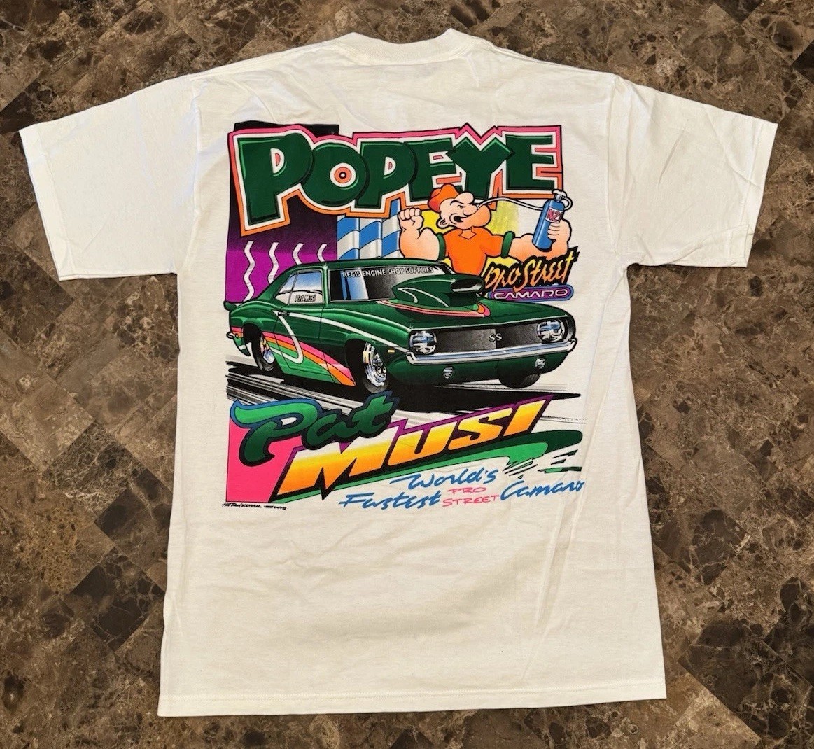 VTG Popeye Pat Musi Autographed Pro Street Camaro Double Sided T-shirt Size Med gallery