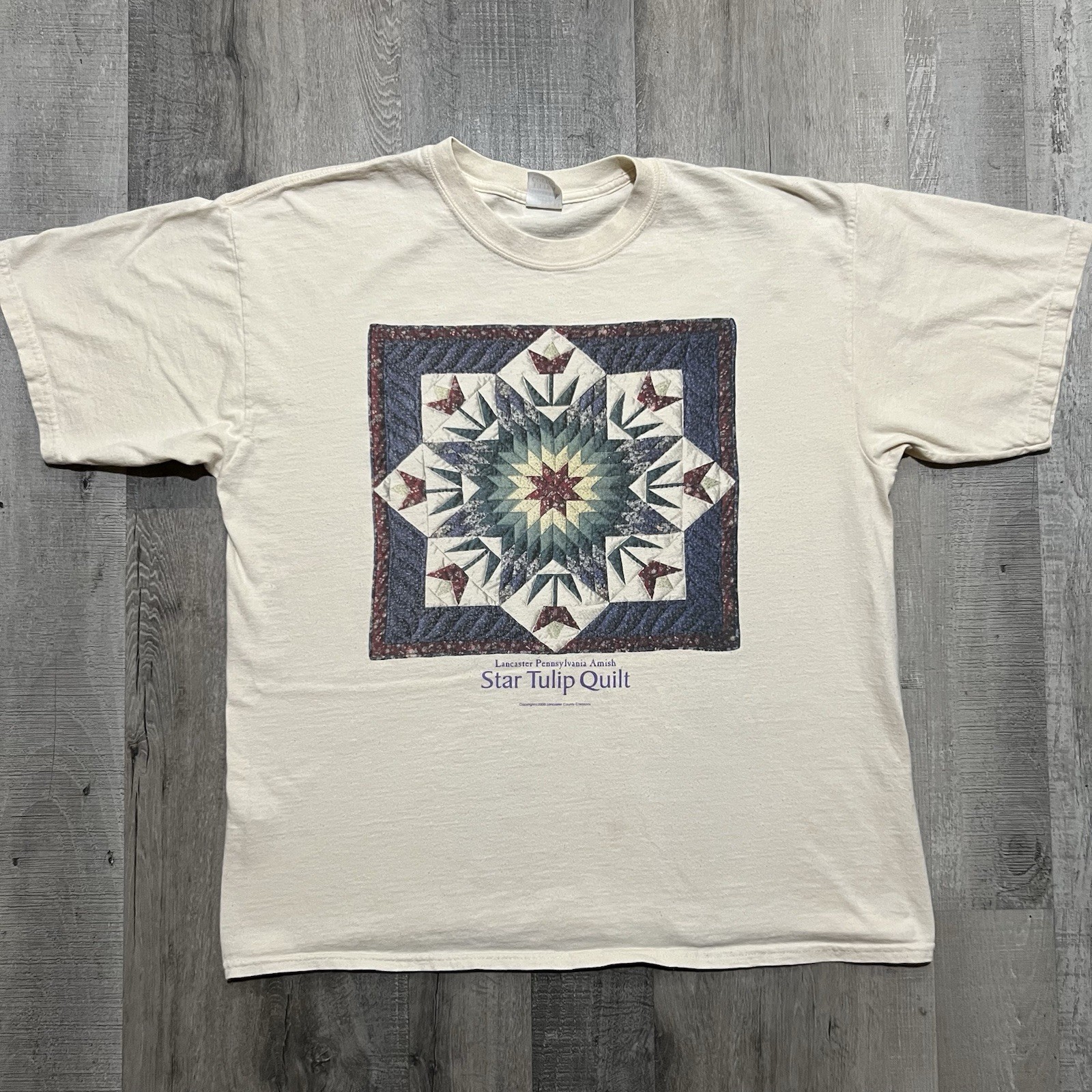 VTG Star Tulip Quilt T Shirt White Y2K Pennsylvania Amish Blanket Art T Shirt XL gallery