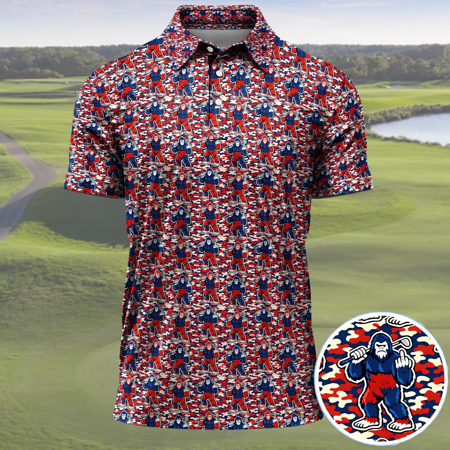 Patriotic Bigfoot Golf Shirt, Red White Blue Camo Sasquatch Polo Top (S-5XL) gallery
