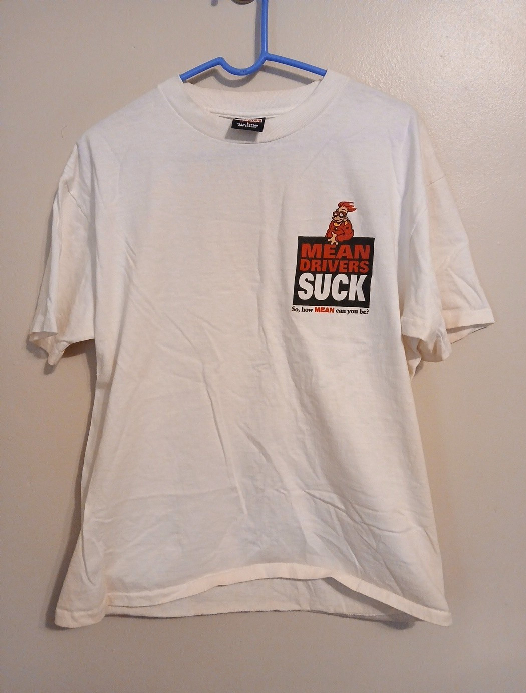 VTG Mens Big Johnson Mean Drivers Suck White Graphic T Shirt Tee L Stains READ